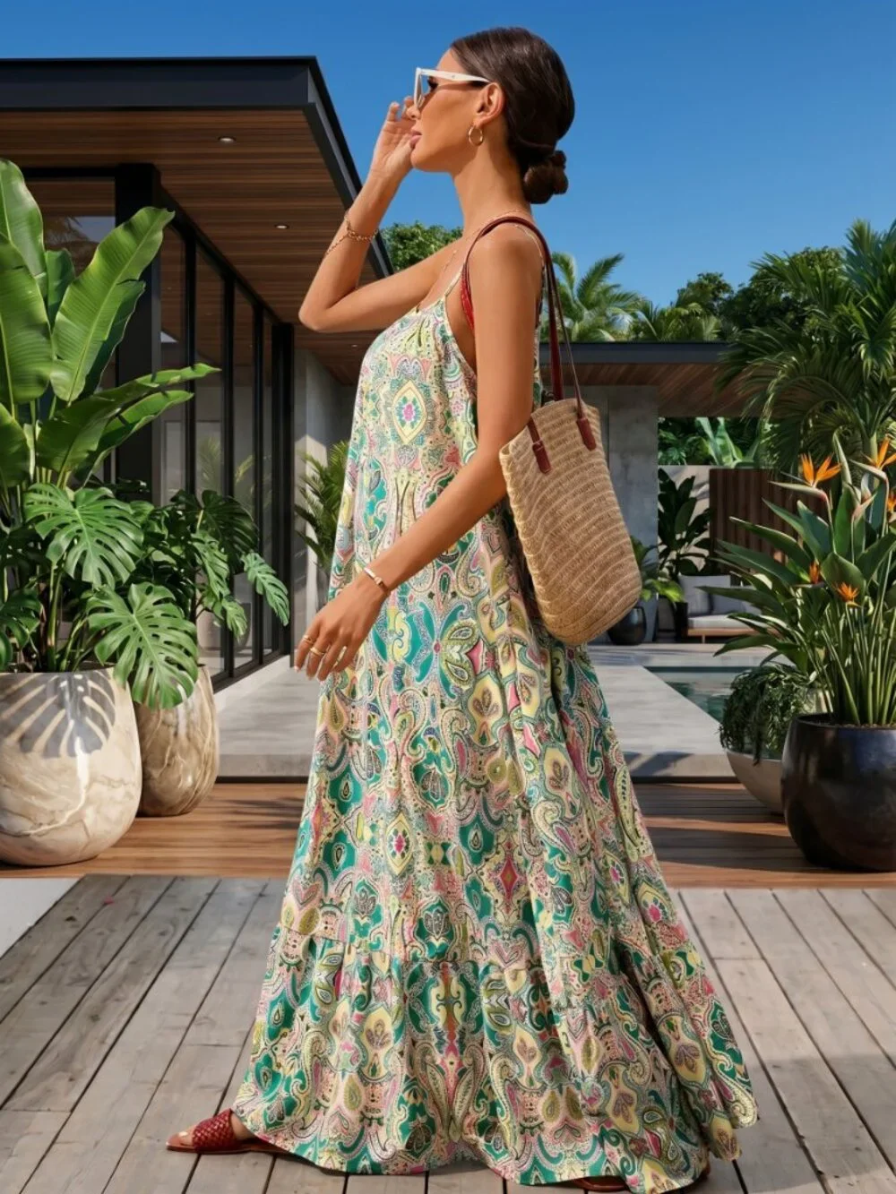 Women Sleeveless Boho Maxi Dress Flowy Printed Summer Beach Dress - Picture 4 of 6